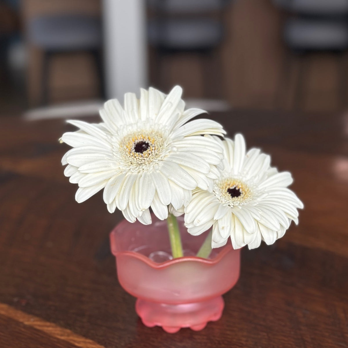 Pink Frosted Glass Vase with Flower Frog Pin