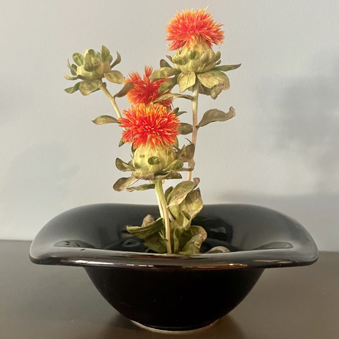 Black Ceramic Vase with Flower Frog Pin