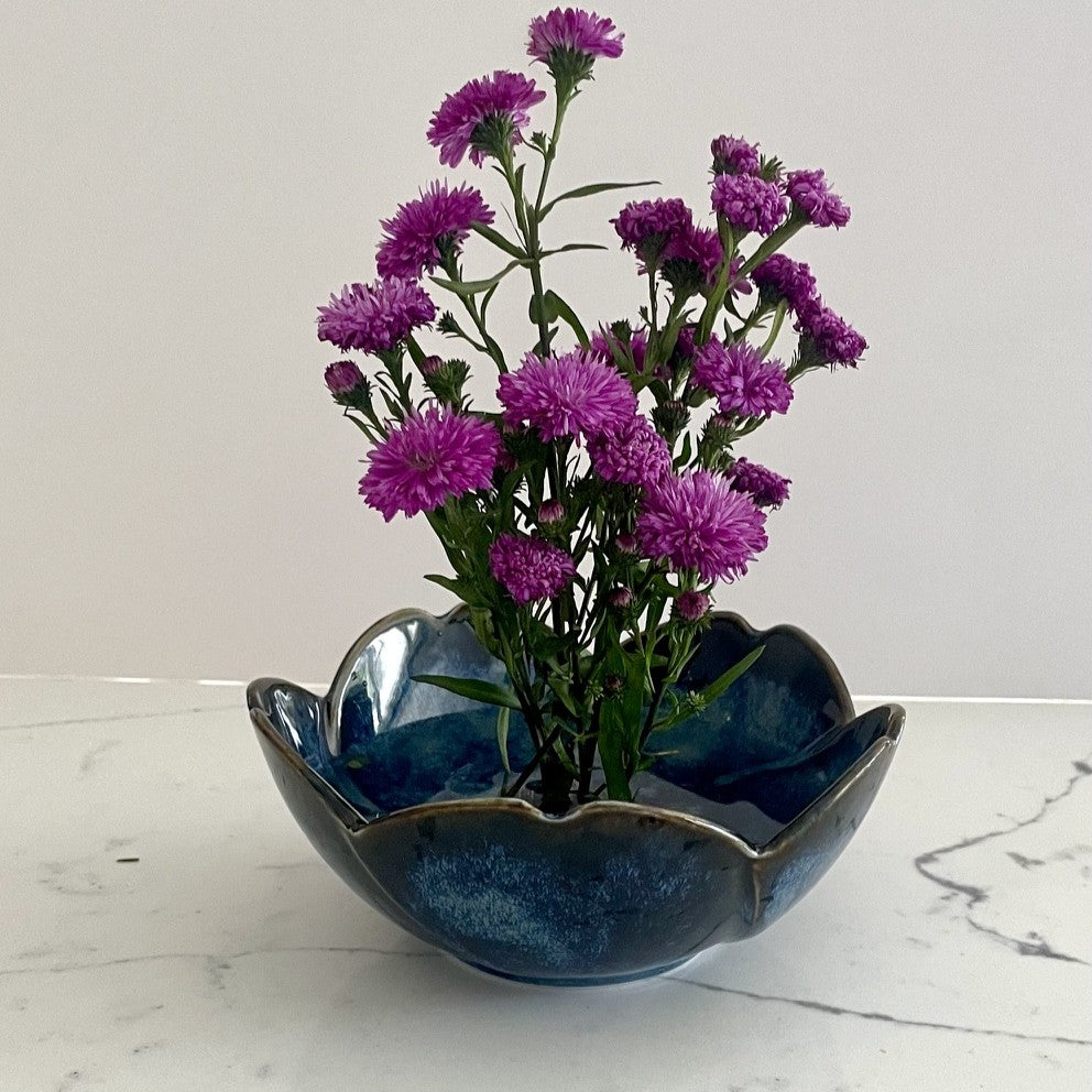 Blue Glossy Ceramic Vase with Flower Frog Pin