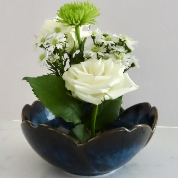 Blue Glossy Ceramic Vase with Flower Frog Pin
