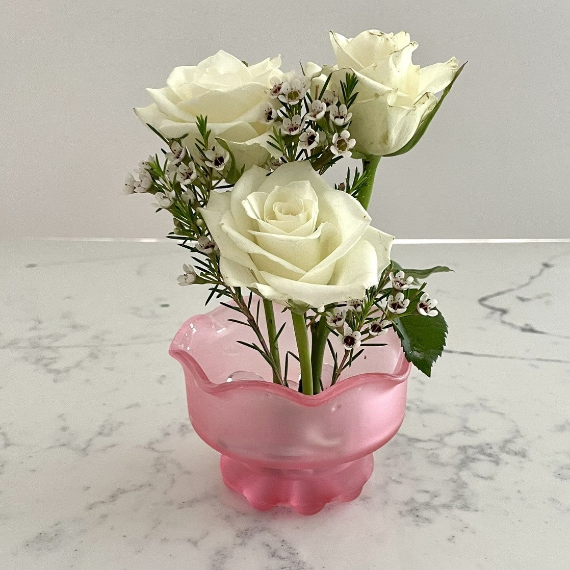 Pink Frosted Glass Vase with Flower Frog Pin