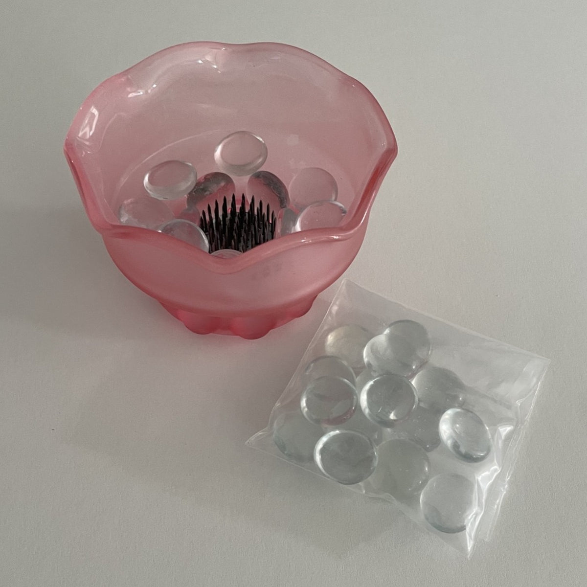 Pink Frosted Glass Vase with Flower Frog Pin