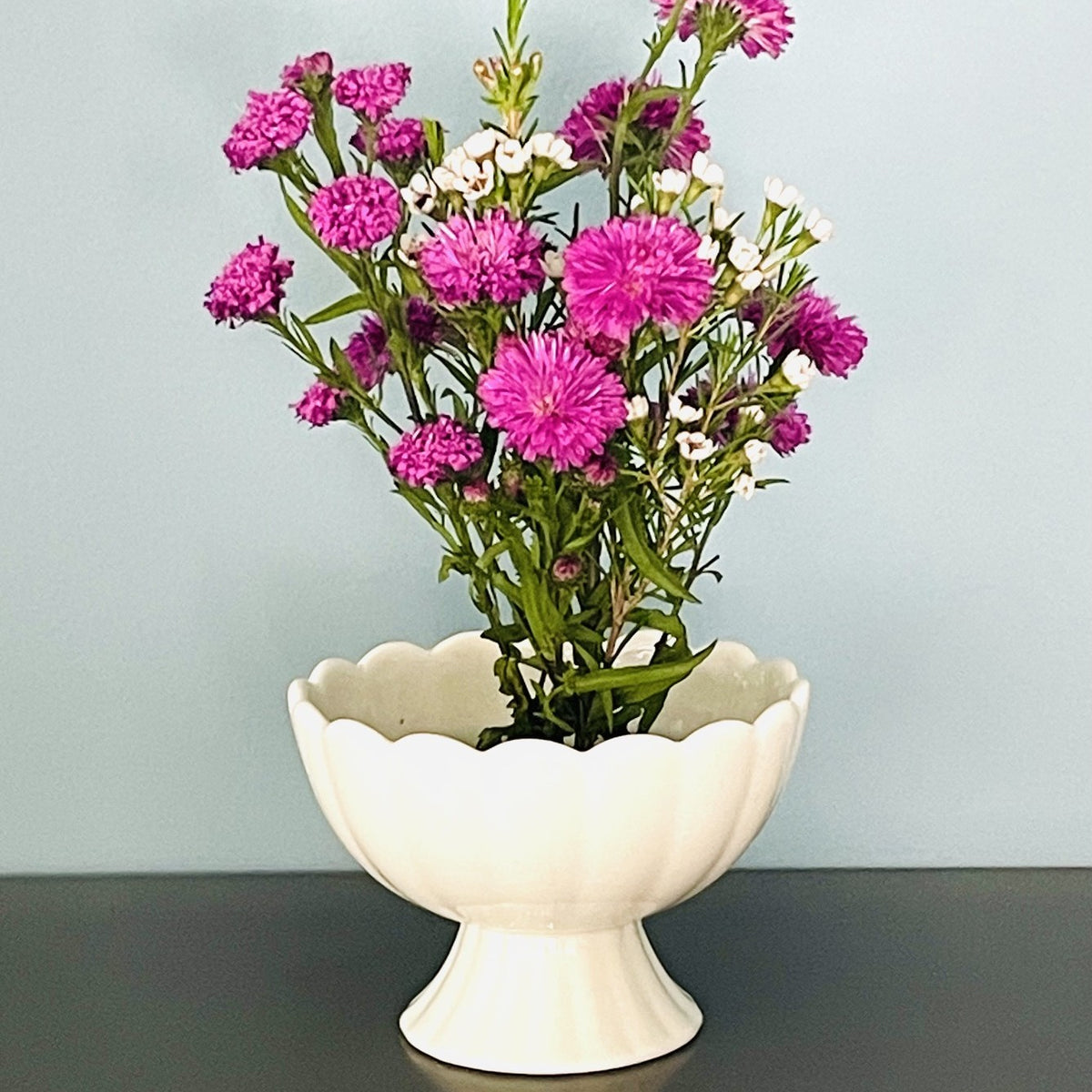 Small White Pedestal Vase with Flower Frog Pin