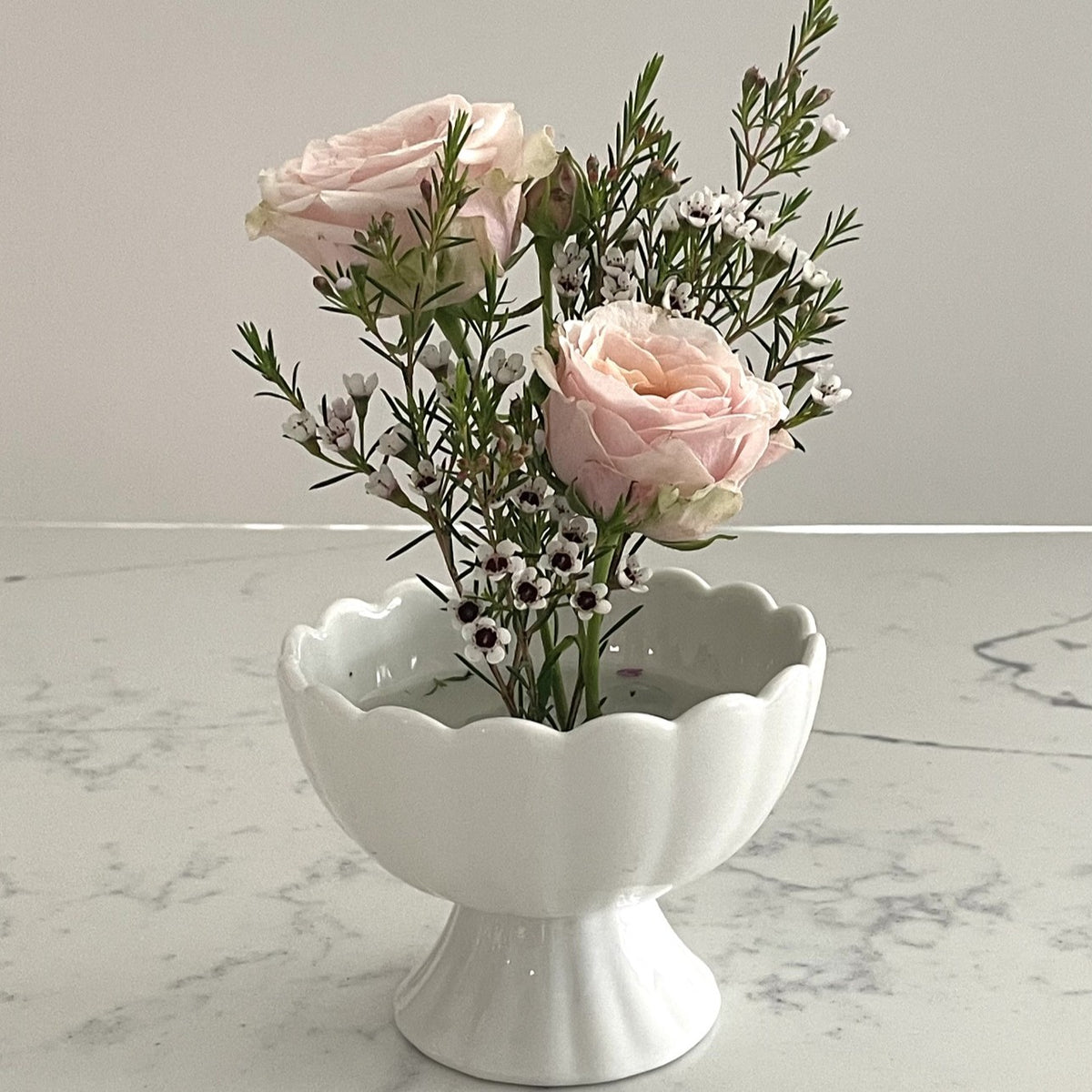 Small White Pedestal Vase with Flower Frog Pin