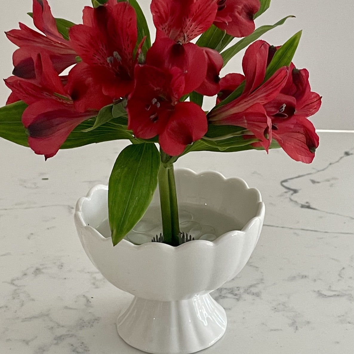 Small White Pedestal Vase with Flower Frog Pin