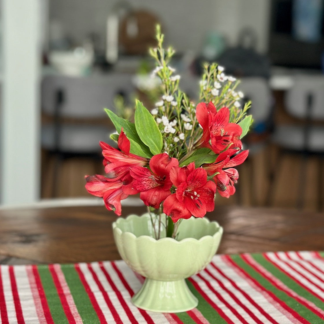 Small Green Ceramic Pedestal Vase with Flower Frog Pin