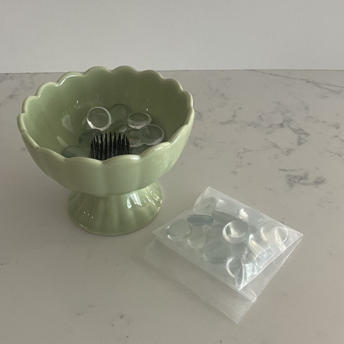 Small Green Ceramic Pedestal Vase with Flower Frog Pin