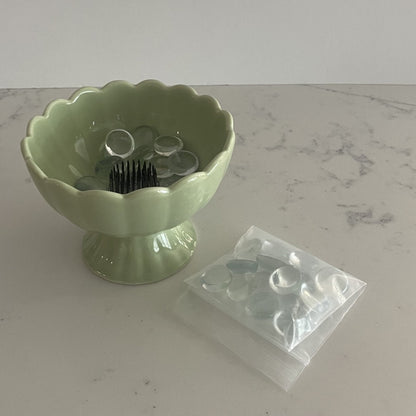 Small Green Ceramic Pedestal Vase with Flower Frog Pin