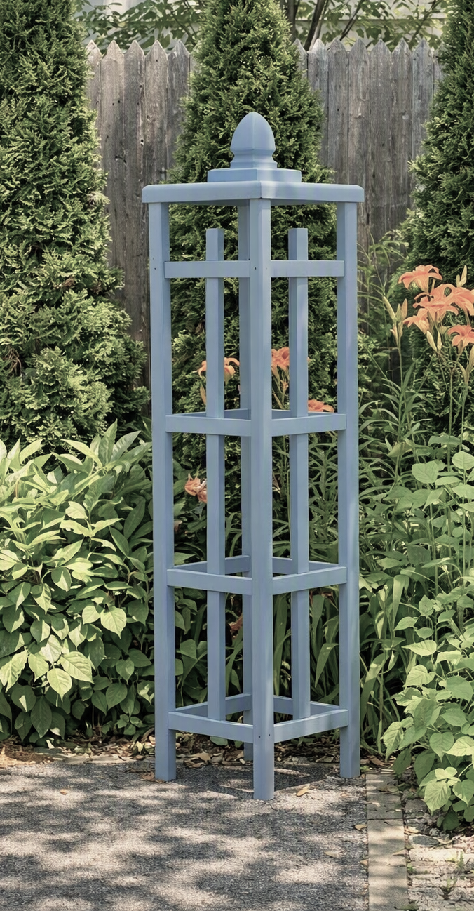 A 64" tall languid blue cedar obelisk for your garden.  Handcrafted and durable.   Delivers a unique look, vertical interest and style for your outdoor space.