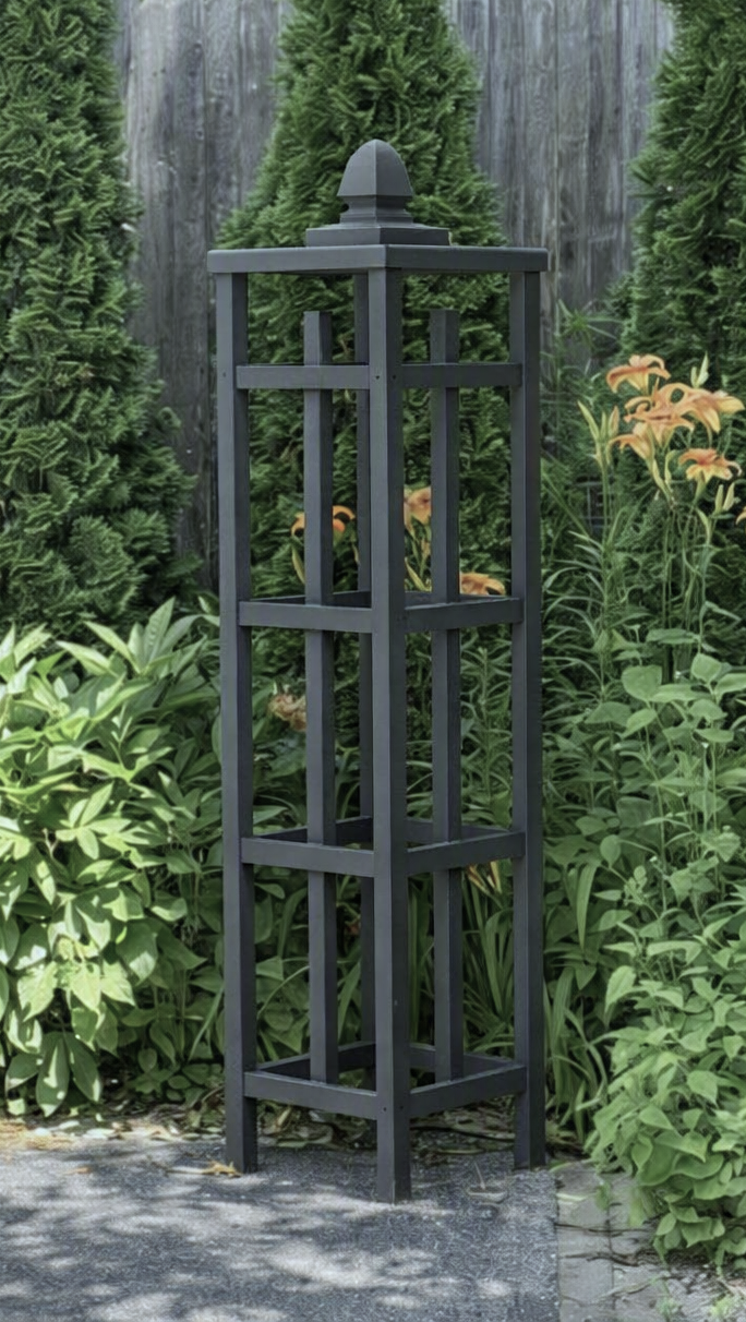 A 64" tall  peppercorn gray cedar obelisk for your garden.  Handcrafted and durable.   Delivers a unique look, vertical interest and style for your outdoor space.